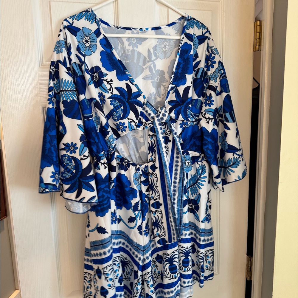 Blue Floral Front Tie Romper